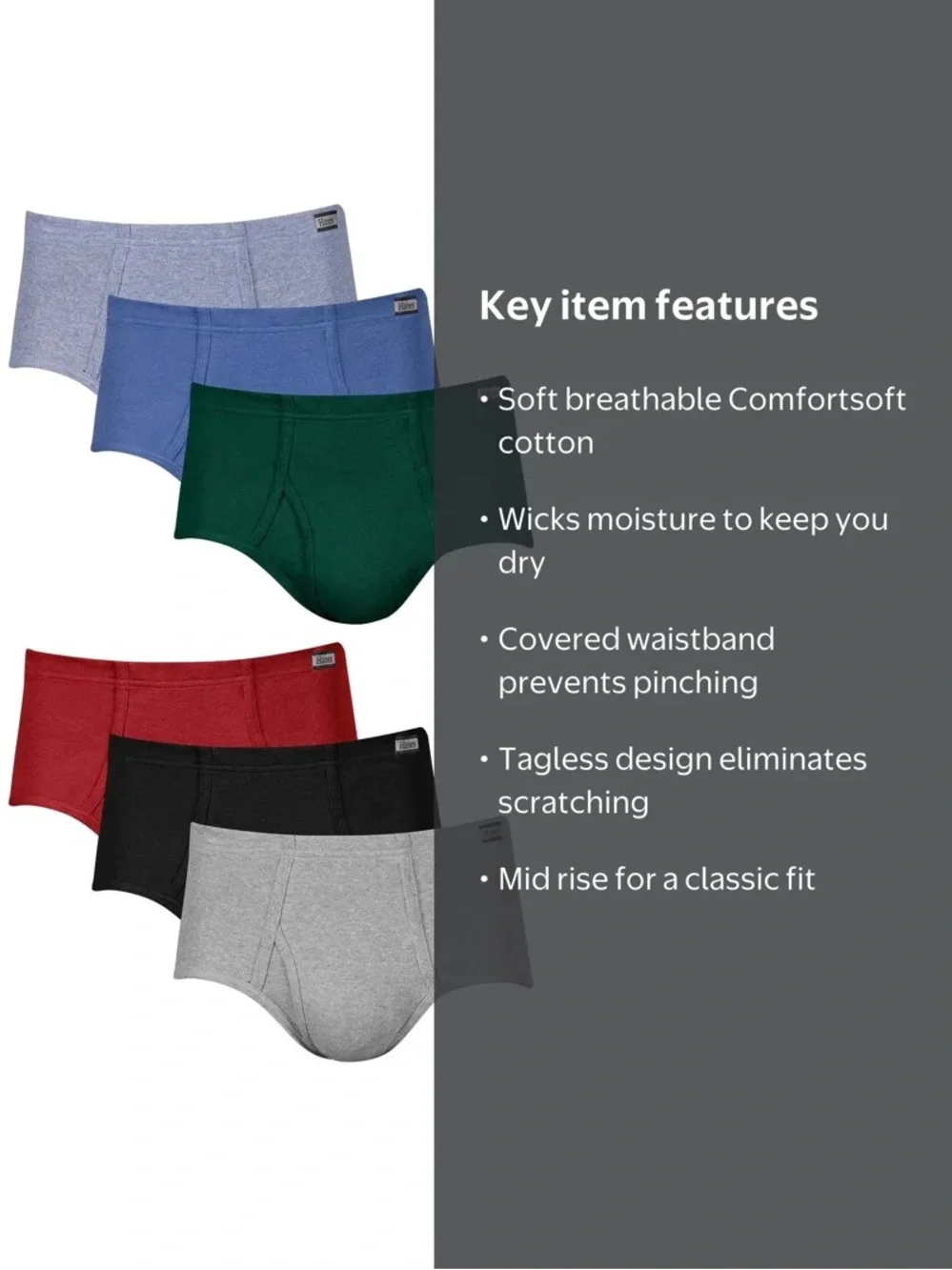 NWT Hanes Men’s Briefs 6-Pack in Red, Black, Gray, Green, Blue, Light Blue XL